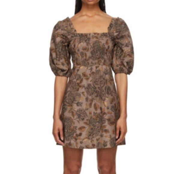 GANNI Brown Poplin Printed Smocked Mini Dress - Picture 1 of 5